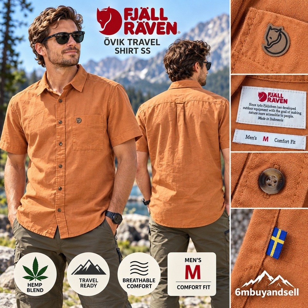 Fjallraven Ovik Travel Shirt SS Orange Hemp Blend Button Down Mens Medium 87039